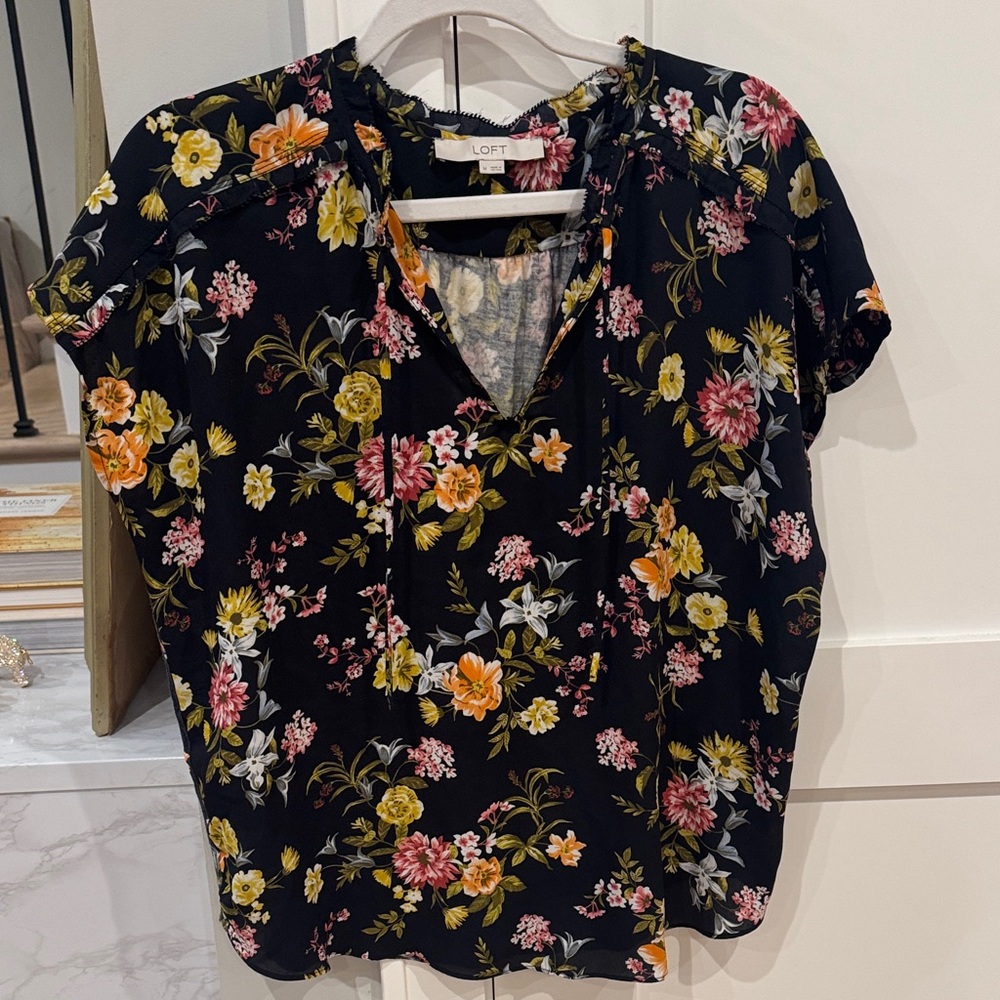LOFT Black Blouse with Yellow and Pink Floral Design